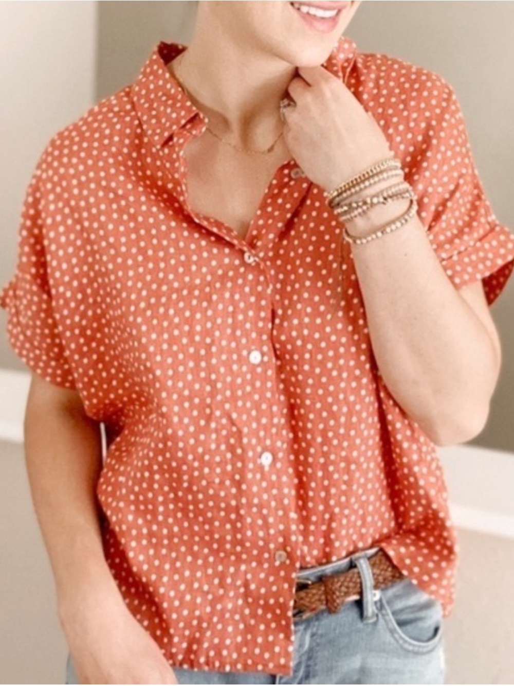 Rachel Zoe| Rust Polka Dot Sz M 100% Linen Boxy Button-up Relaxed Drop Shoulder - Picture 6 of 6